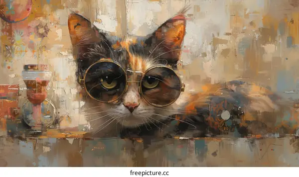 A cat wearing glasses is sitting on a table