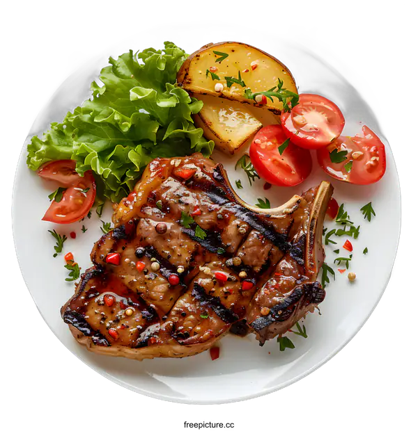 [Transparent Background PNG]Grilled Steak with Side Dishes on a White Plate