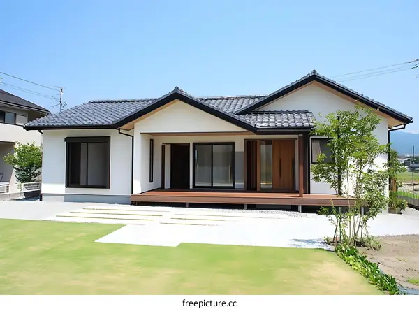 Modern Japanese Style Home with Wooden Deck and Gravel Yard