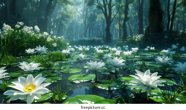 Enchanted Forest Pond with Glowing White Water Lilies