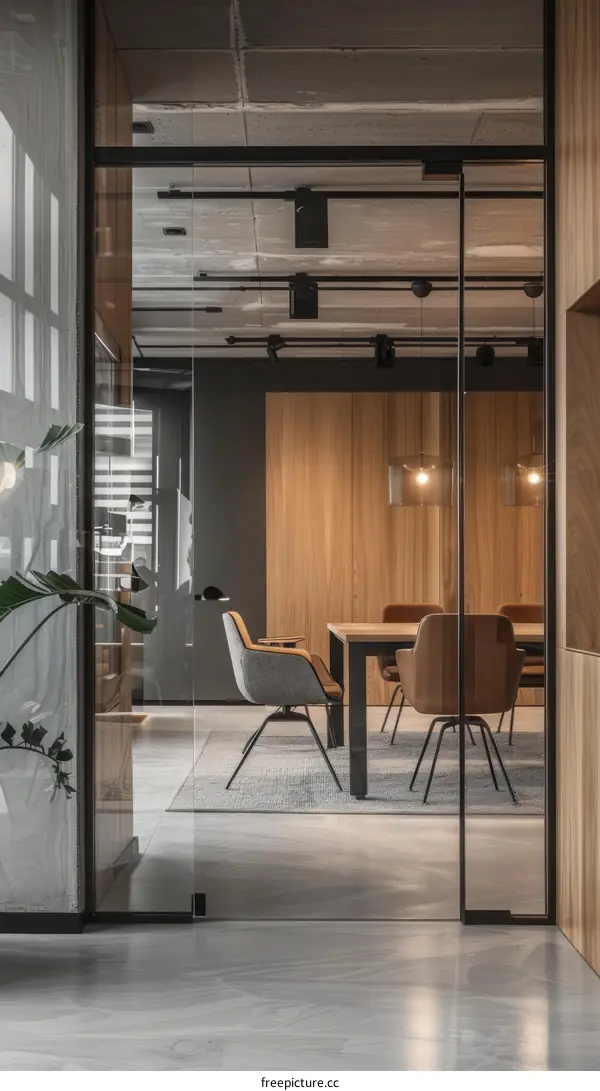 Modern Office Conference Room with Glass Wall and Wooden Table