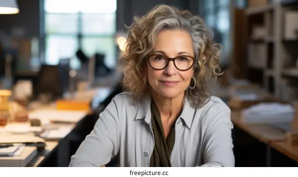 portrait of a middle aged woman with curly hair and glasses smiling in an office