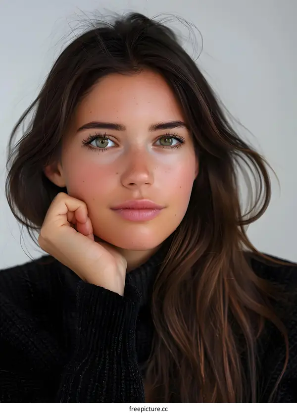 portrait of a beautiful young woman with freckles and green eyes