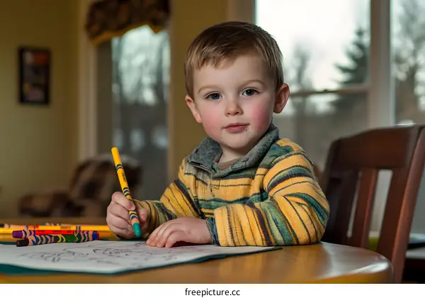 Young Boy Drawing with Crayons at a Table