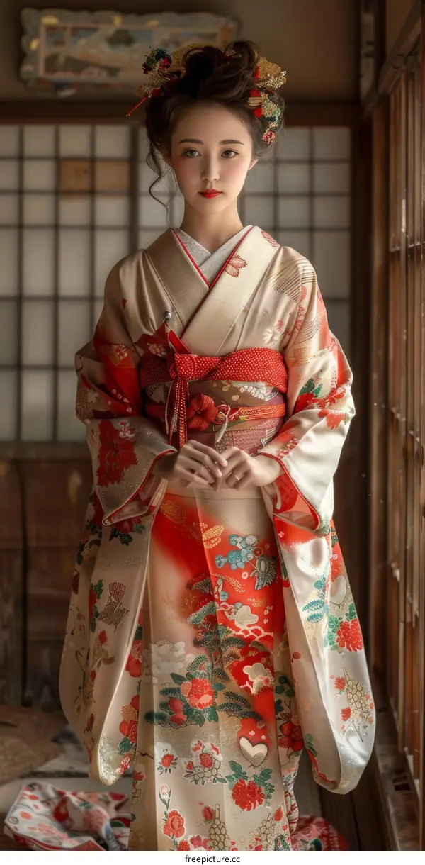 A woman wearing a kimono is standing in a traditional Japanese room.