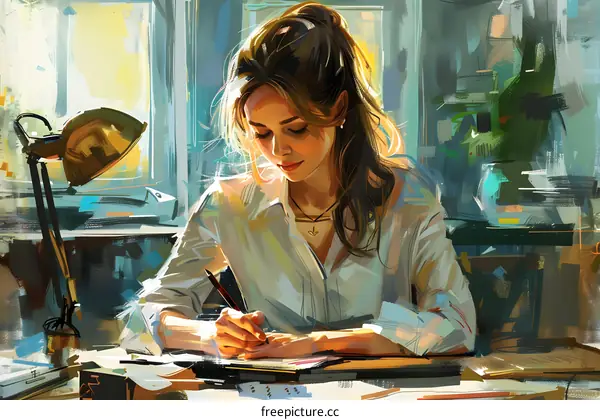 A woman is writing in her journal.