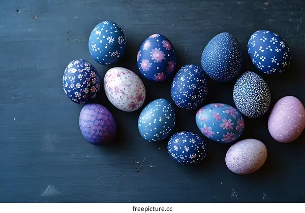 Hand-painted Easter Eggs on Dark Wooden Background