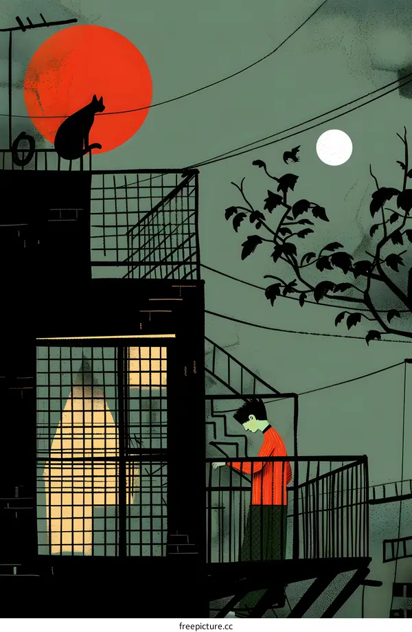 Silhouette of a Person Looking Out a Window at Night with a Cat on the Rooftop