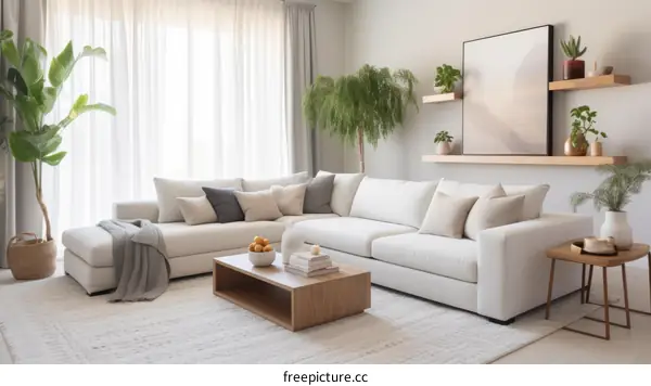 Airy and bright living room with large windows and plants