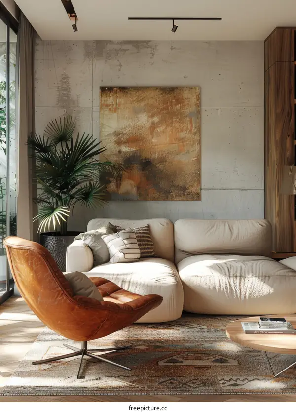 Modern living room interior with brown leather chair and beige sofa