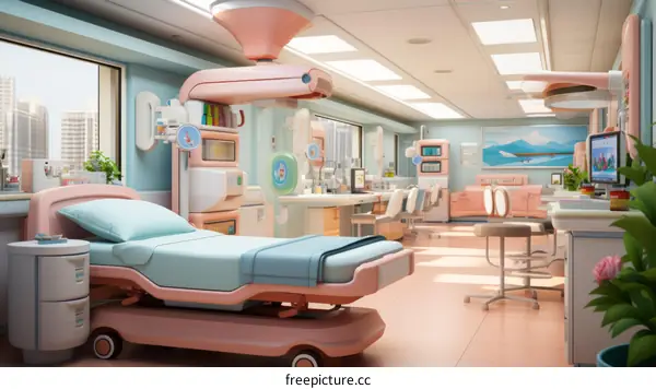 Pediatric hospital room interior with bed, medical equipment and large windows