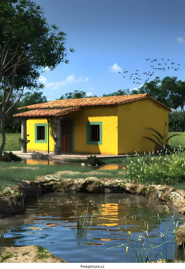 Yellow Cottage With Pond and Birds Flying Overhead