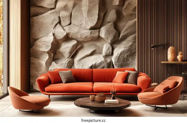 Modern Living Room with Stone Wall Decor