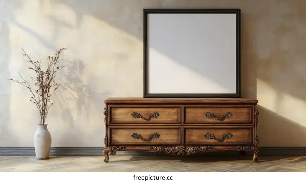 Empty Picture Frame on Vintage Wooden Chest of Drawers