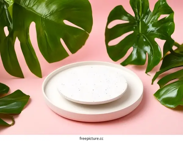 White Round Plate with Green Leaves on Pink Background