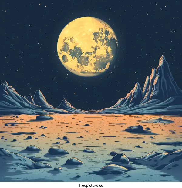 The full moon rises over a rocky landscape