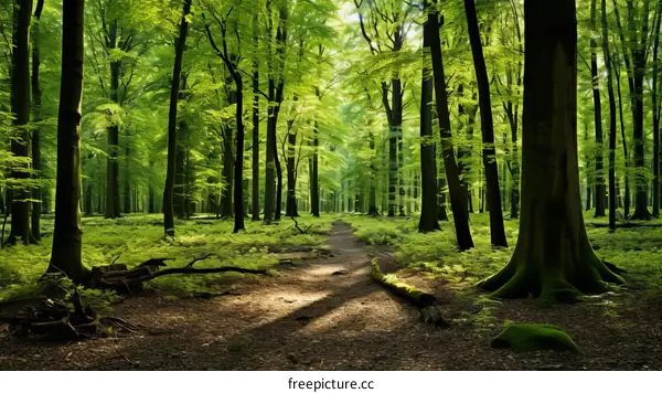 The sun shines through the green trees in the forest