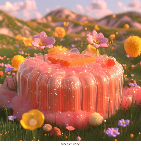 Pink and Orange Abstract 3D Rendering with Flowers in a Field