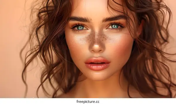 Close up portrait of a beautiful young woman with freckles and blue eyes