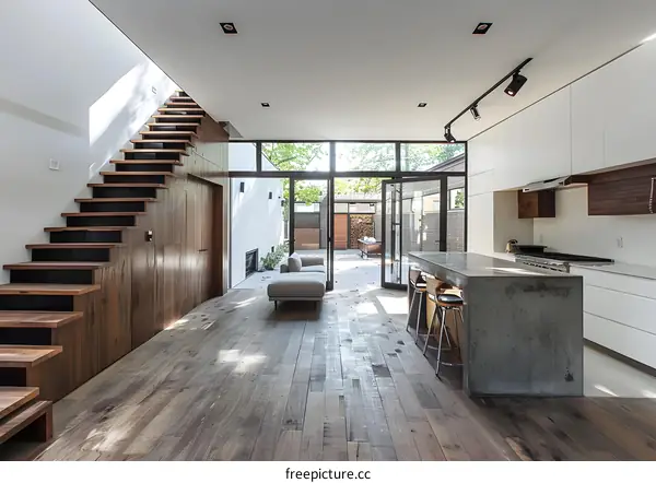 Modern House Interior Design With Wooden Stairs And Concrete Kitchen Island