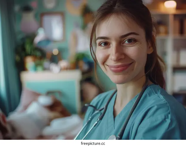 Portrait of a smiling young female doctor in a hospital room