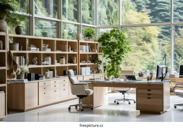Modern office interior with large windows and wooden furniture