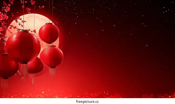 Red Chinese Lanterns Hanging Against a Full Moon