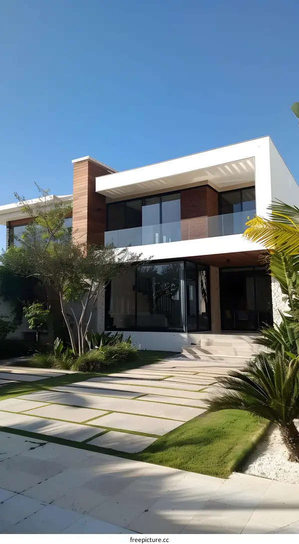 Modern Minimalist White House with Large Windows and Glass Railings