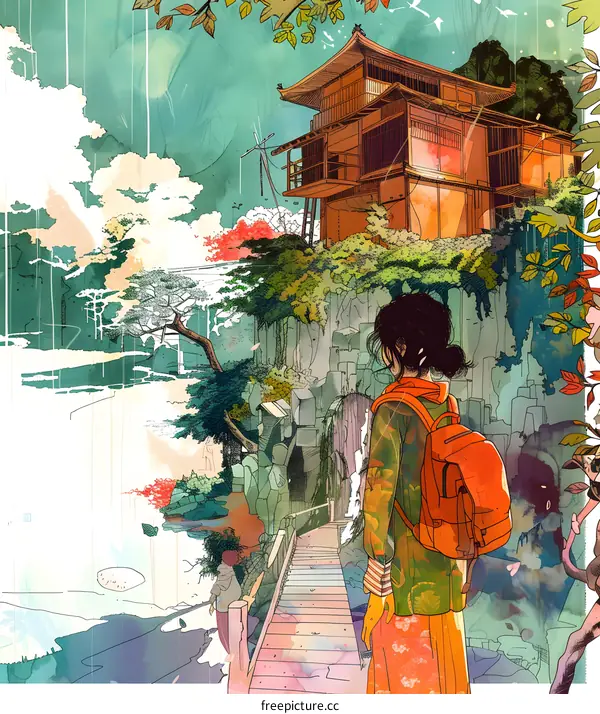 Woman With Backpack Looking At Japanese Pagoda