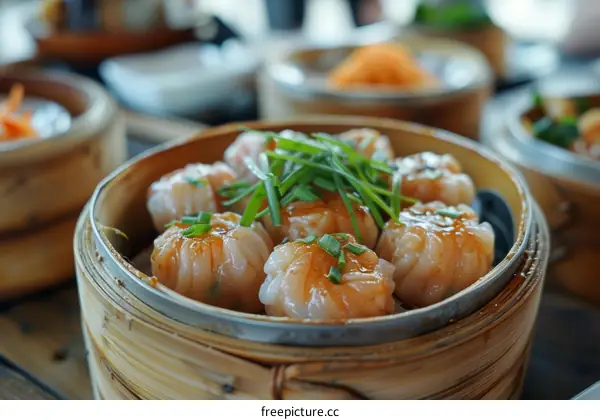 steamed shrimp dumplings in a bamboo basket with chopsticks on the table