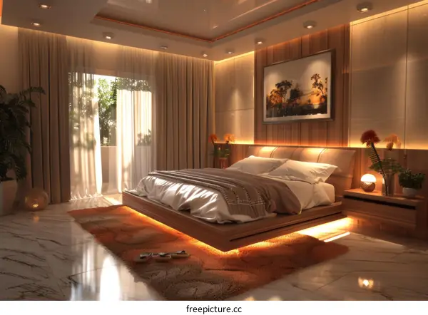 A bedroom with a large bed, a rug, and a painting on the wall