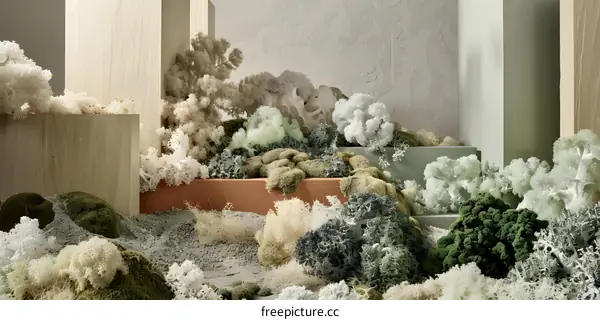 Abstract Green and White Moss Arrangement