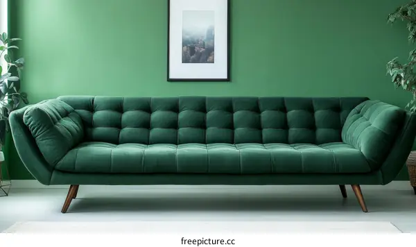 Emerald Green Velvet Sofa in Modern Living Room