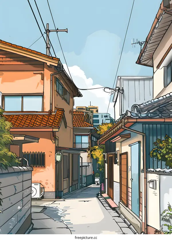 Japanese Style Illustration of Narrow Alleyway in Town