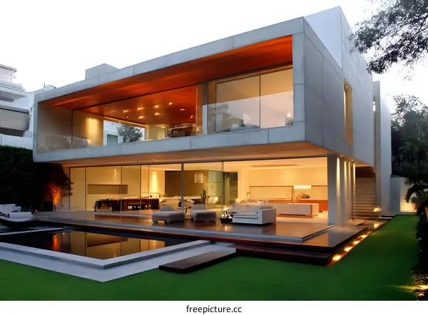 Modern Architecture House with Swimming Pool and Lawn