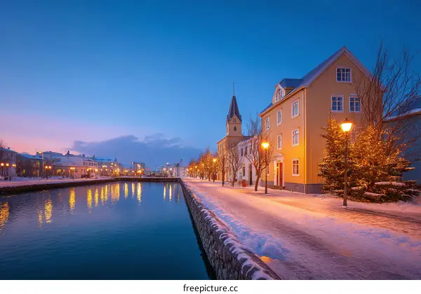 Winter Evening Scenic View of Icelandic Town