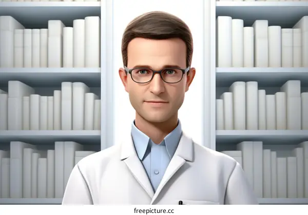 Portrait of a male doctor in a white coat standing in a library