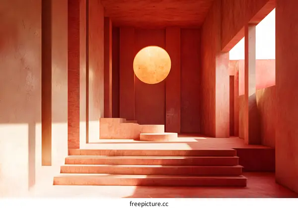 Abstract Minimalist Red Architecture Interior Design with Circular Window