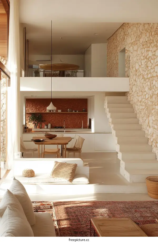 Modern Minimalist Open-Plan Living Room with Rustic Stone