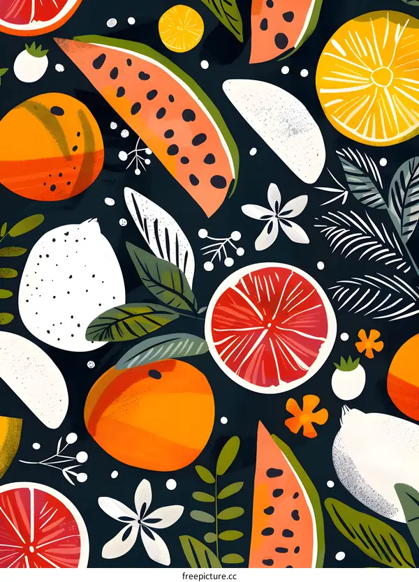 Watermelon Orange Lemon and Flowers Seamless Pattern