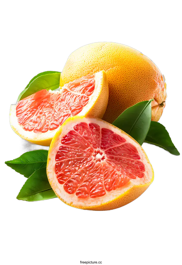 [Transparent Background PNG]Fresh Ripe Grapefruit Slices with Green Leaves