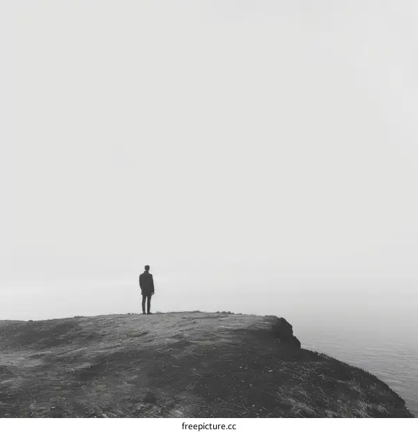 Man standing alone on a cliff overlooking the ocean