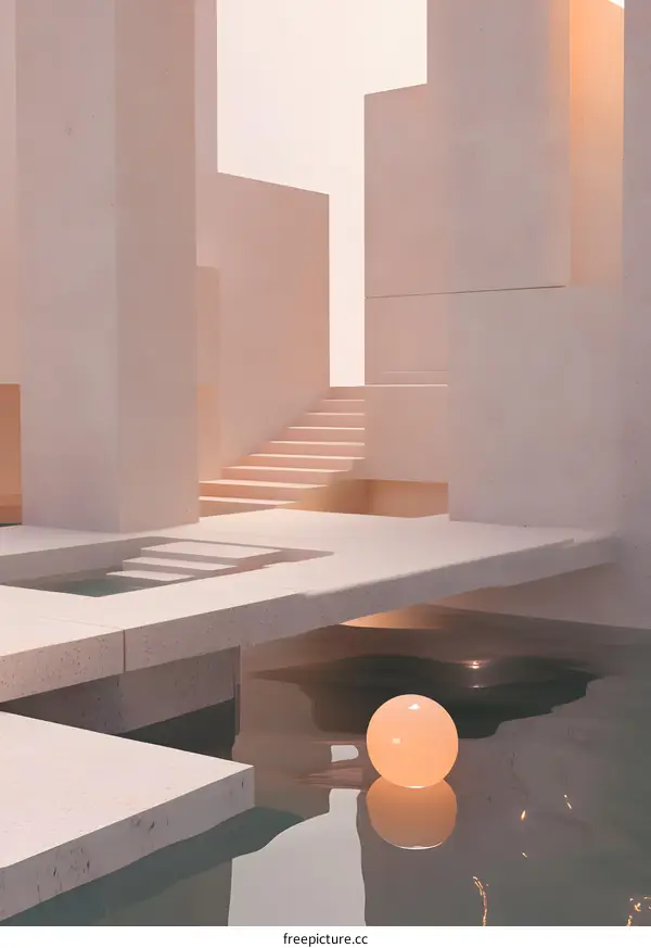 Abstract Minimalist Architecture with Geometric Shapes and a Pool
