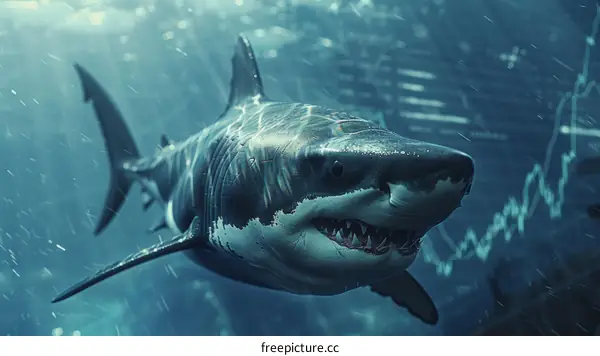 great white shark with stock market graph