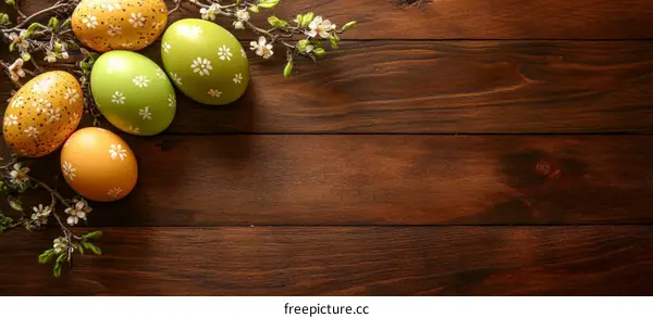 Easter Eggs on Wooden Table Background