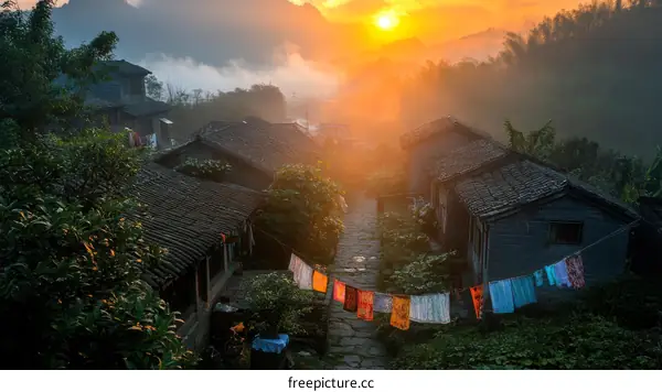 Sunrise over a Misty Mountain Village