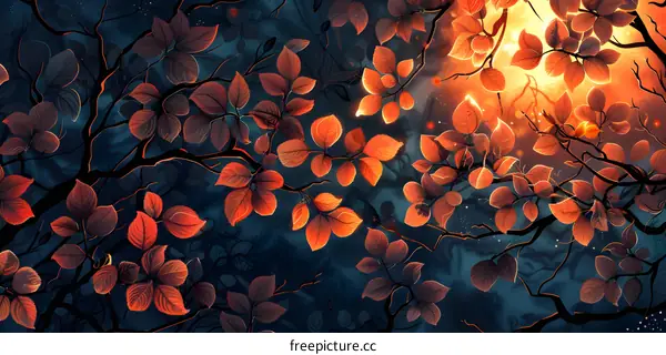 In the autumn forest, the leaves of a tree shine with a golden glow in the sunlight