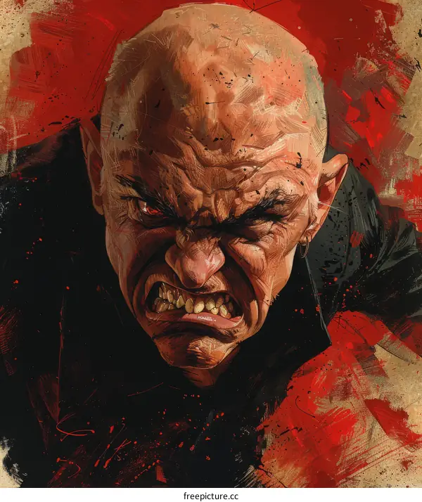 portrait of an ugly bald man with red eyes