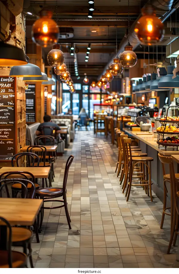 Empty Cafe Interior With Wooden Tables And Chairs