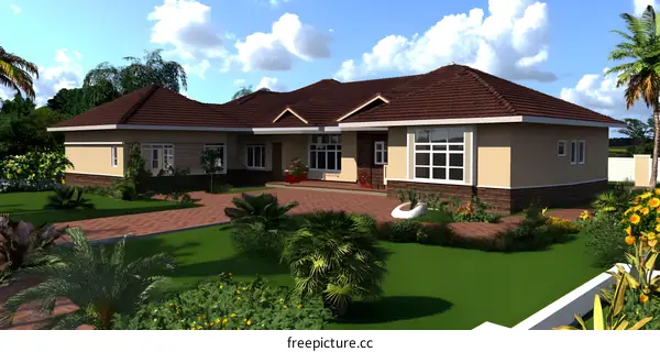 Modern House Exterior Design with Lawn and Palm Trees